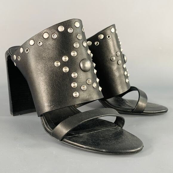 SEE by CHLOE Size 9 Black Silver Leather Studded Chunky Heel Sandals - Picture 1 of 8